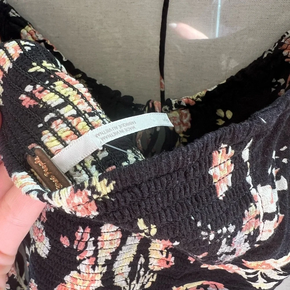 Free People Black Floral Smocked Back Long Sleeve Top - Picture 5 of 6